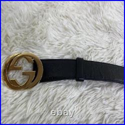 GUCCI Leather Belt Interlocking GG Pattern Black Gold 95cm Mens